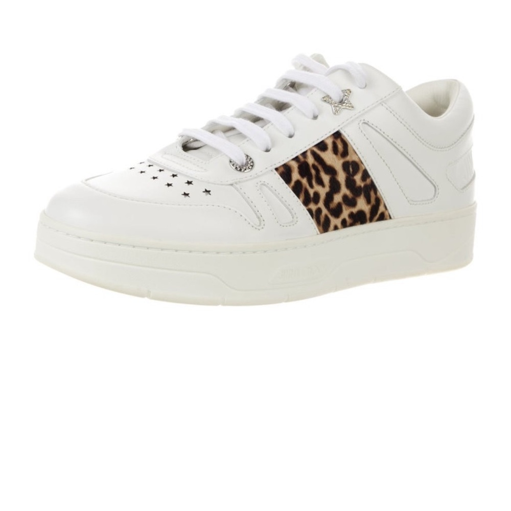 Jimmy Choo White and Brown Leather Sneakers with Leopard Accent